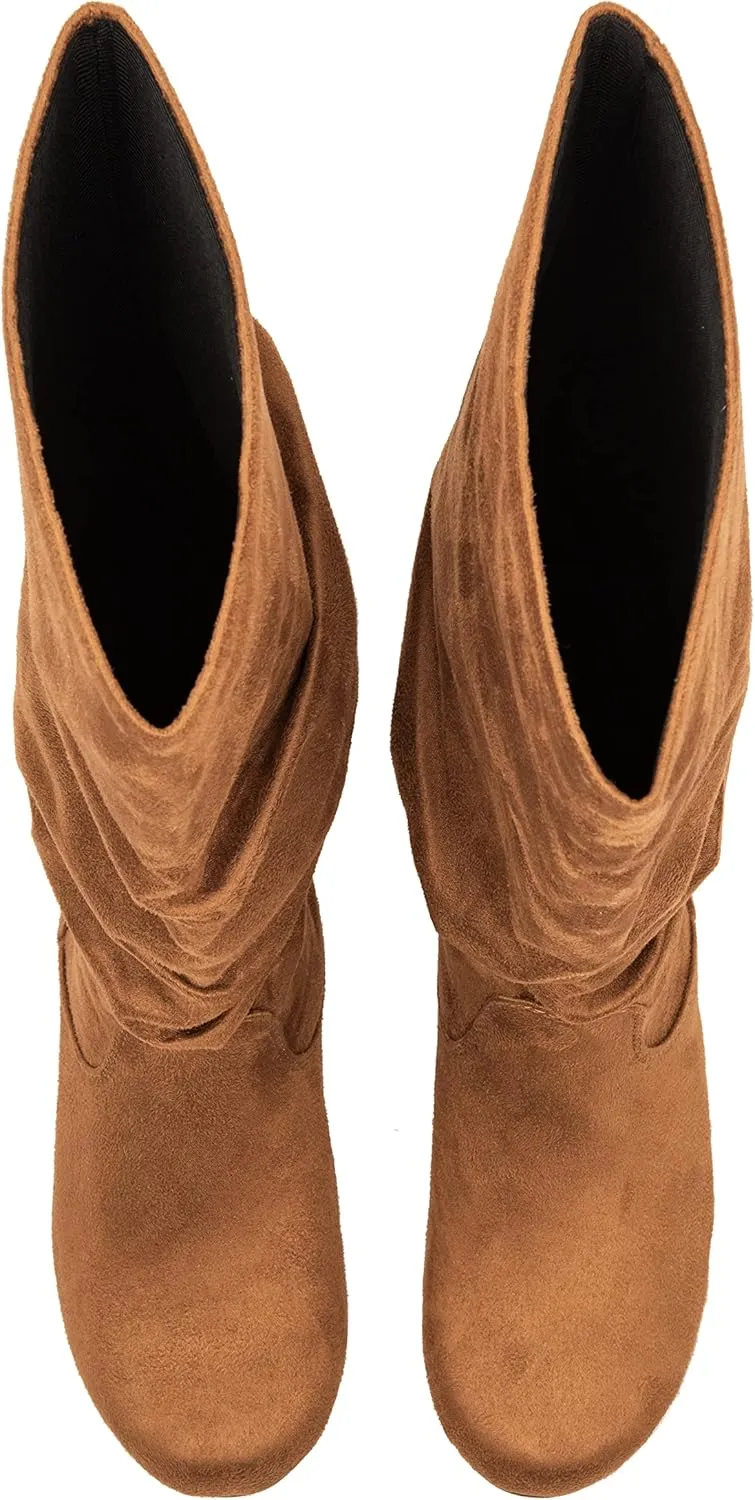 ESMY Women's Slouchy Faux Suede Leather Mid Calf Flats Basic Boots