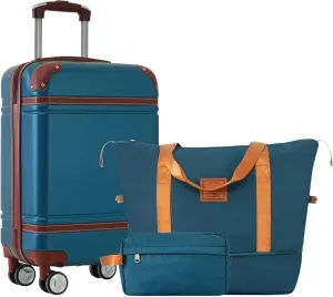 espidoo Hardshell Luggage Sets with Bags: 20-Inch Carry-on Suitcase with TSA Lock, Double Spinner Wheels & Travel Duffel Bag for Business Travelers - Vintage Blue ABS Material