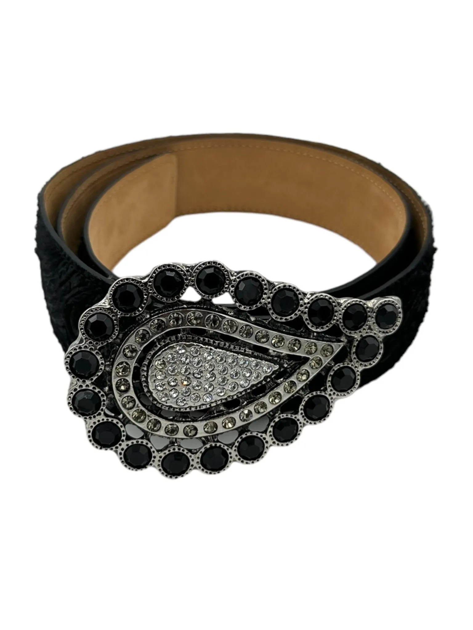 ETRO Large Pasley Black Rhinestone Embossed Leather Statement Belt Italy
