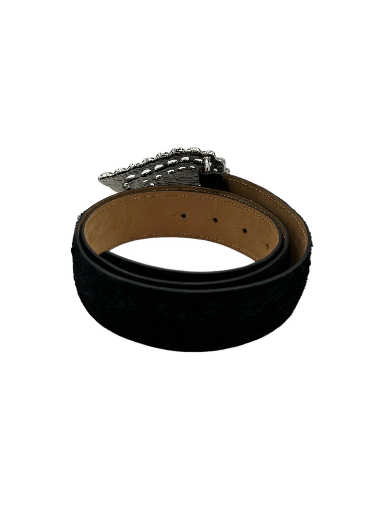 ETRO Large Pasley Black Rhinestone Embossed Leather Statement Belt Italy