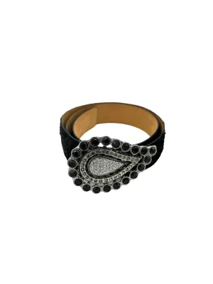 ETRO Large Pasley Black Rhinestone Embossed Leather Statement Belt Italy