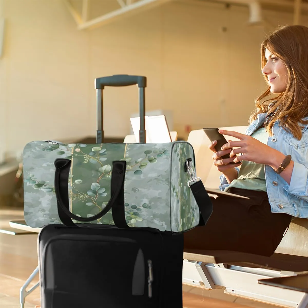 Eucalyptus Leaves Green Leaves Travel Duffle Bag, Sports Gym Bags for Women Men, Carry On Weekender Overnight Workout Airplane Trips Bag