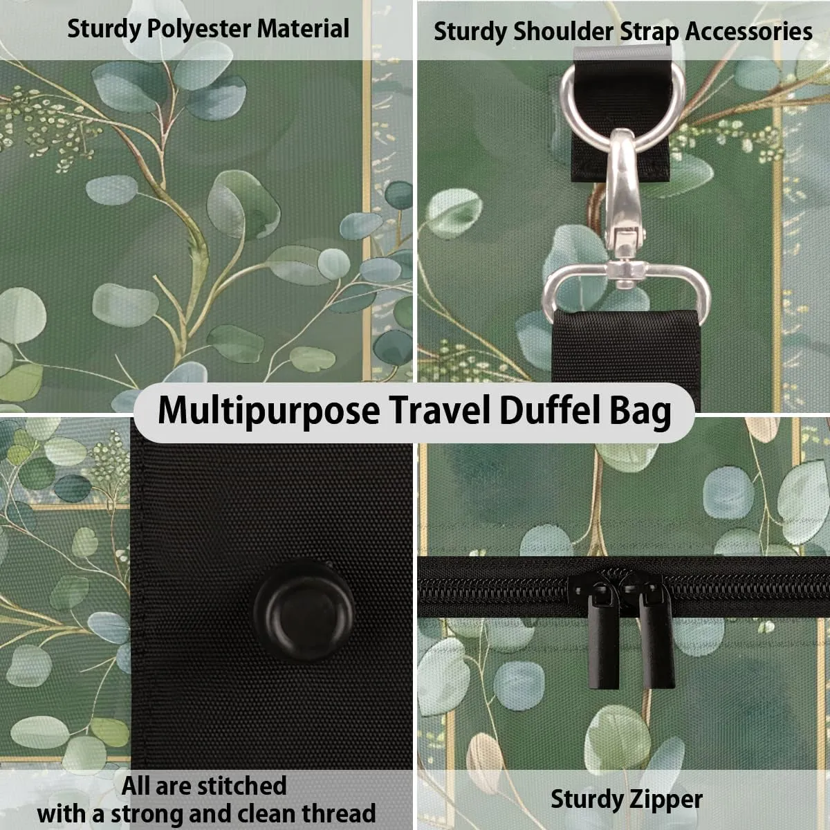 Eucalyptus Leaves Green Leaves Travel Duffle Bag, Sports Gym Bags for Women Men, Carry On Weekender Overnight Workout Airplane Trips Bag