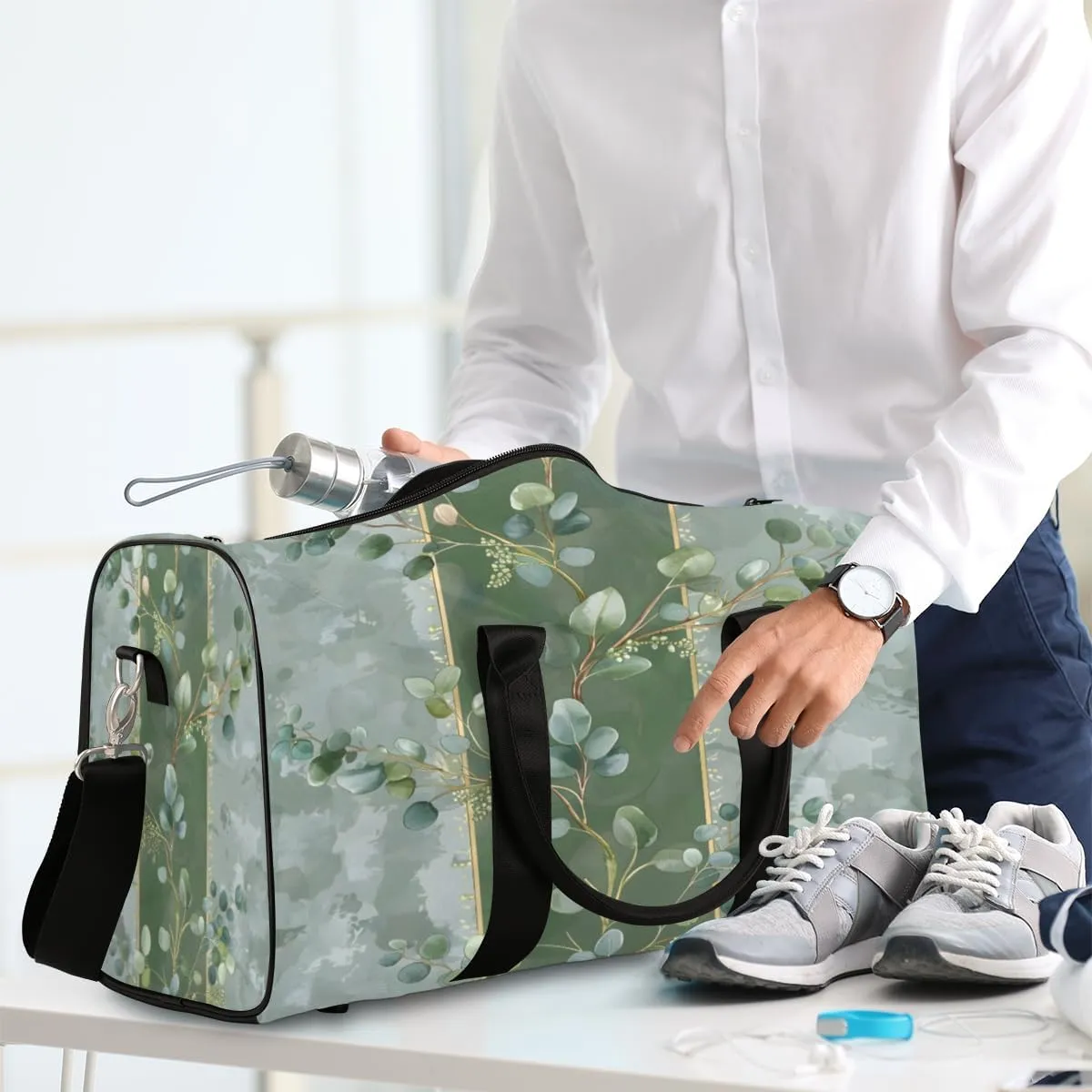 Eucalyptus Leaves Green Leaves Travel Duffle Bag, Sports Gym Bags for Women Men, Carry On Weekender Overnight Workout Airplane Trips Bag