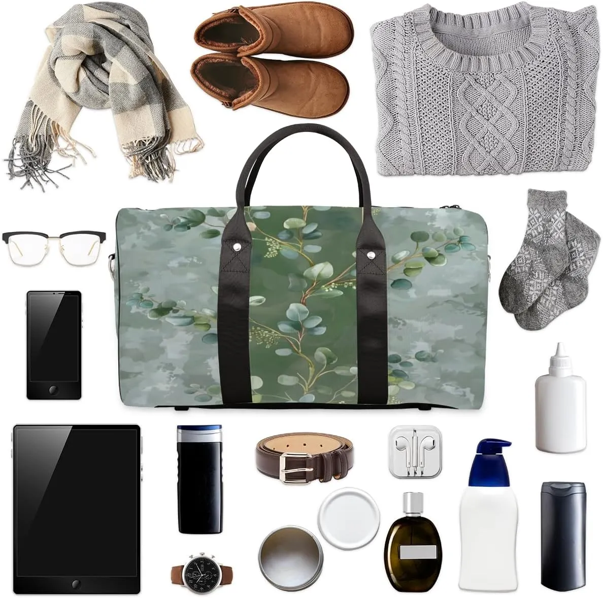 Eucalyptus Leaves Green Leaves Travel Duffle Bag, Sports Gym Bags for Women Men, Carry On Weekender Overnight Workout Airplane Trips Bag