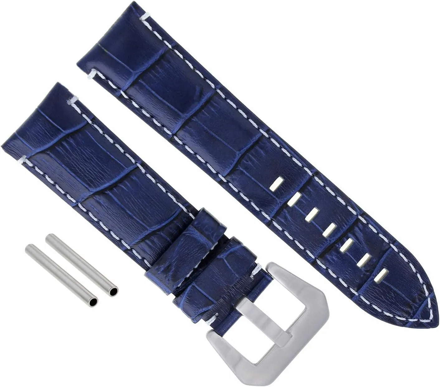 Ewatchparts 24mm Genuine Leather Watch Band Strap Compatible With Pam 44mm Panerai Blue With White Stitching