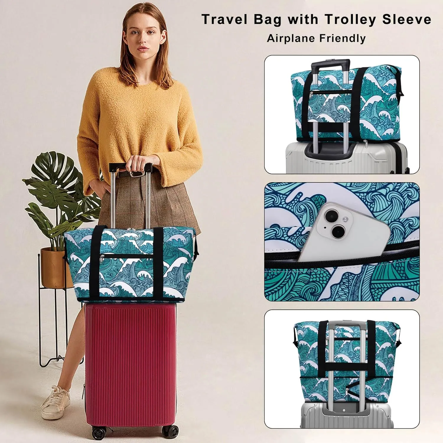 Expandable Duffel Bag for Women with Trolley Sleeve/Wet Pocket Weekender Travel Tote Large Carry On Overnight Luggage