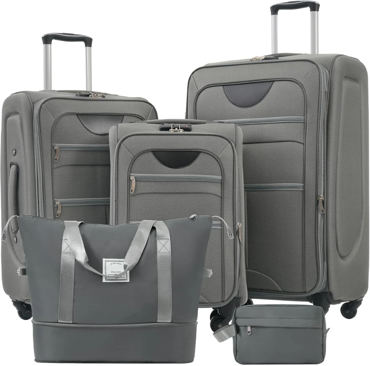 Expandable Softside Luggage Sets, 3 Piece Suitcase with Duffel Bag, Upright Spinner Suitcase Sets, Lightweight Durable Softshell Travel Set TSA Lock, 20"/24"/28", Grey