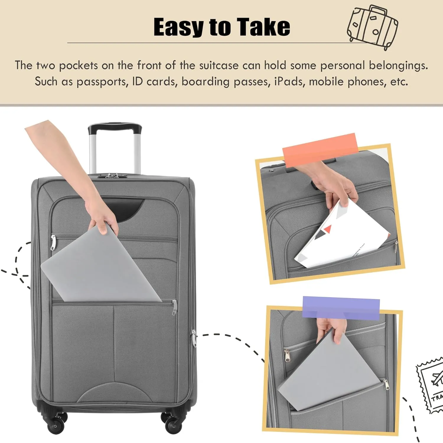 Expandable Softside Luggage Sets, 3 Piece Suitcase with Duffel Bag, Upright Spinner Suitcase Sets, Lightweight Durable Softshell Travel Set TSA Lock, 20"/24"/28", Grey