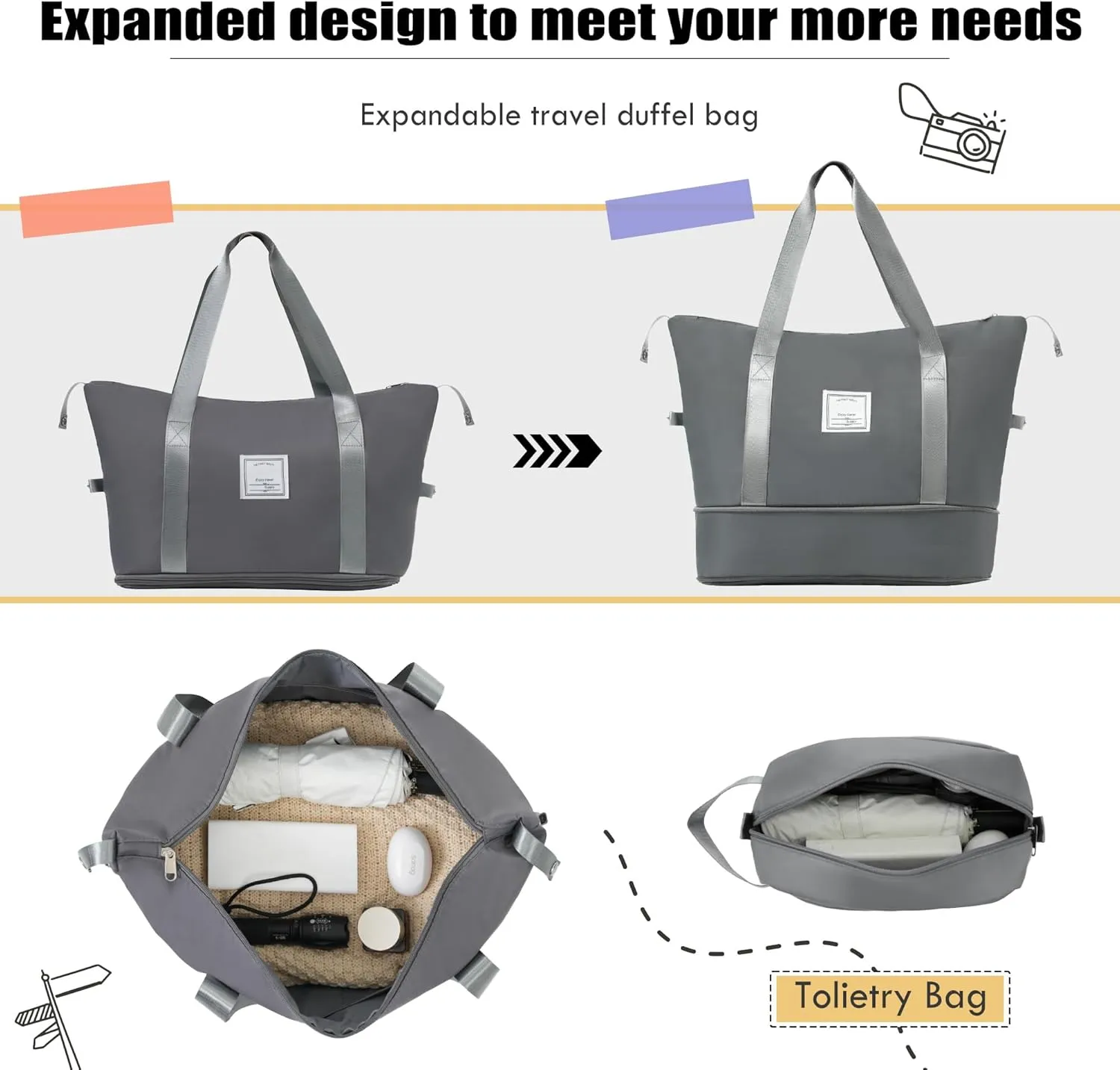 Expandable Softside Luggage Sets, 3 Piece Suitcase with Duffel Bag, Upright Spinner Suitcase Sets, Lightweight Durable Softshell Travel Set TSA Lock, 20"/24"/28", Grey