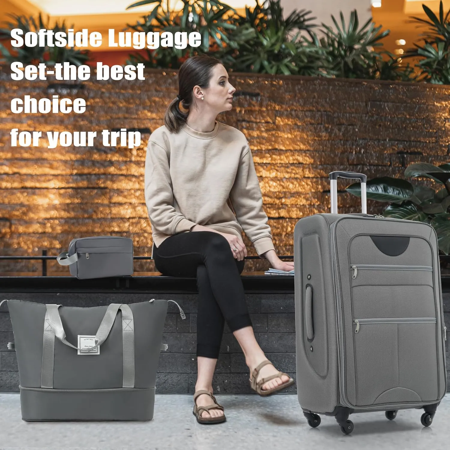 Expandable Softside Luggage Sets, 3 Piece Suitcase with Duffel Bag, Upright Spinner Suitcase Sets, Lightweight Durable Softshell Travel Set TSA Lock, 20"/24"/28", Grey