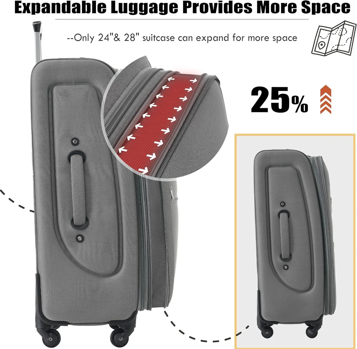 Expandable Softside Luggage Sets, 3 Piece Suitcase with Duffel Bag, Upright Spinner Suitcase Sets, Lightweight Durable Softshell Travel Set TSA Lock, 20"/24"/28", Grey