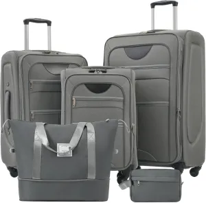 Expandable Softside Luggage Sets, 3 Piece Suitcase with Duffel Bag, Upright Spinner Suitcase Sets, Lightweight Durable Softshell Travel Set TSA Lock, 20"/24"/28", Grey
