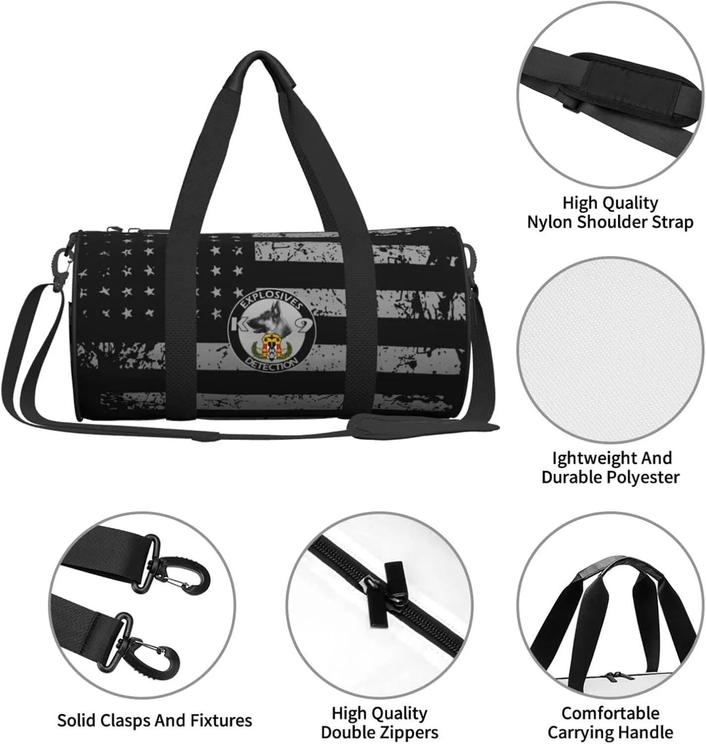 Explosives Detection K9 Travel Luggage Duffel Bag Sports Rolling Foldable Duffel Bag, Black
