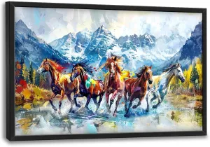 Extra Large Framed Horse Wall Art,Oversized Running Horses Pictures, Colorful Horse Mountain Landscape Wall Decor, Wild Animal Nature Canvas Print Painting, Modern Artwork for Living Room Office Bedroom 36L"x24W"