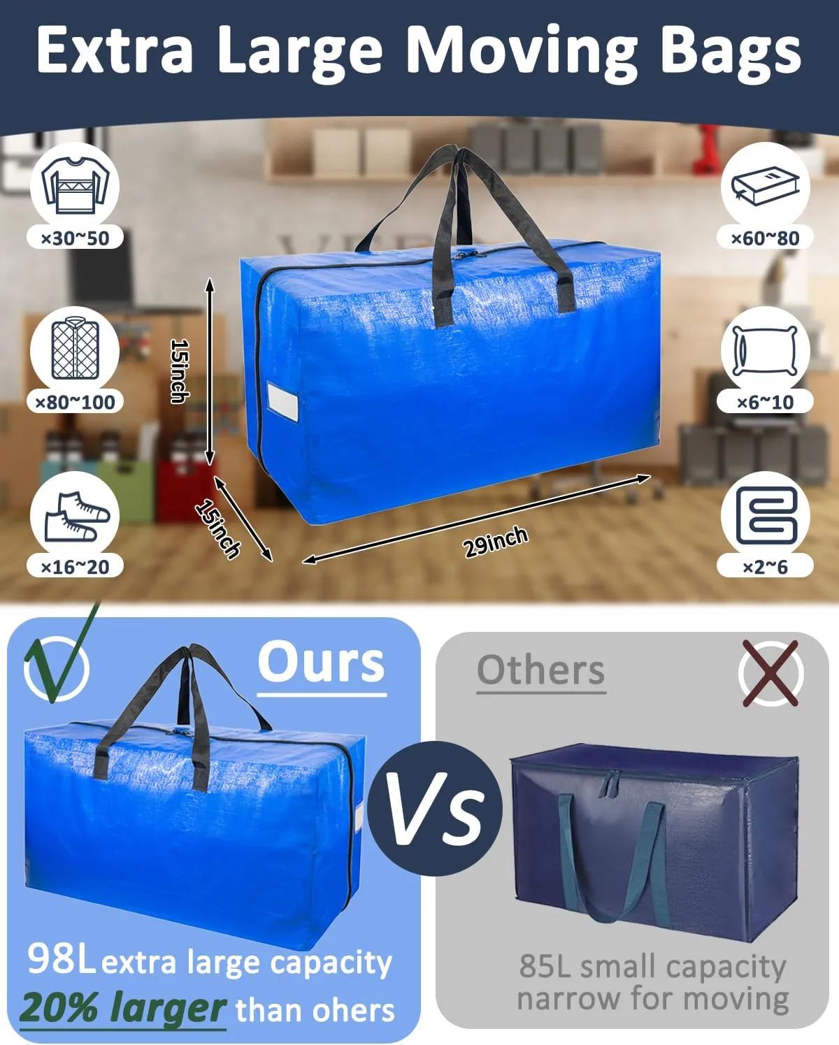 Extra Large Moving Bags with Strong Handles, 6 Pack Heavy Duty Storage Bags with Smooth Zipper, Oversized Storage Tote for Clothes Moving Supplies Dorm Essentials Household Containers