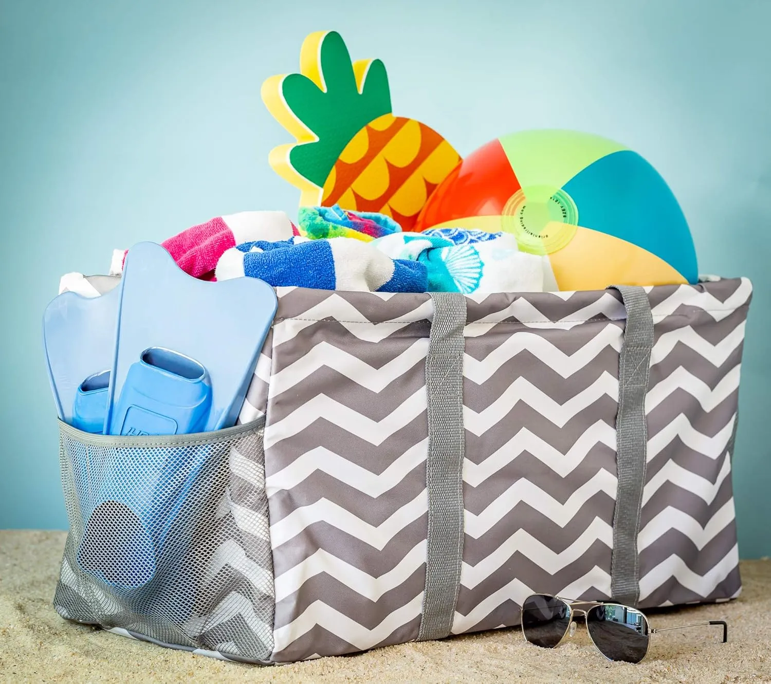 Extra Large Utility Tote Bag - Oversized Collapsible Reusable Wire Frame Rectangular Canvas Basket With Two Exterior Pockets For Beach, Pool, Laundry, Car Trunk, Storage - Chevron Gray