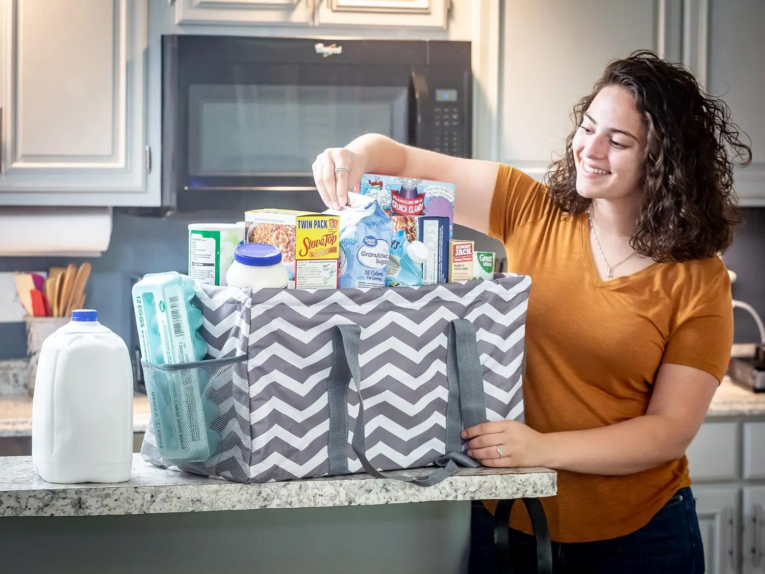 Extra Large Utility Tote Bag - Oversized Collapsible Reusable Wire Frame Rectangular Canvas Basket With Two Exterior Pockets For Beach, Pool, Laundry, Car Trunk, Storage - Chevron Gray