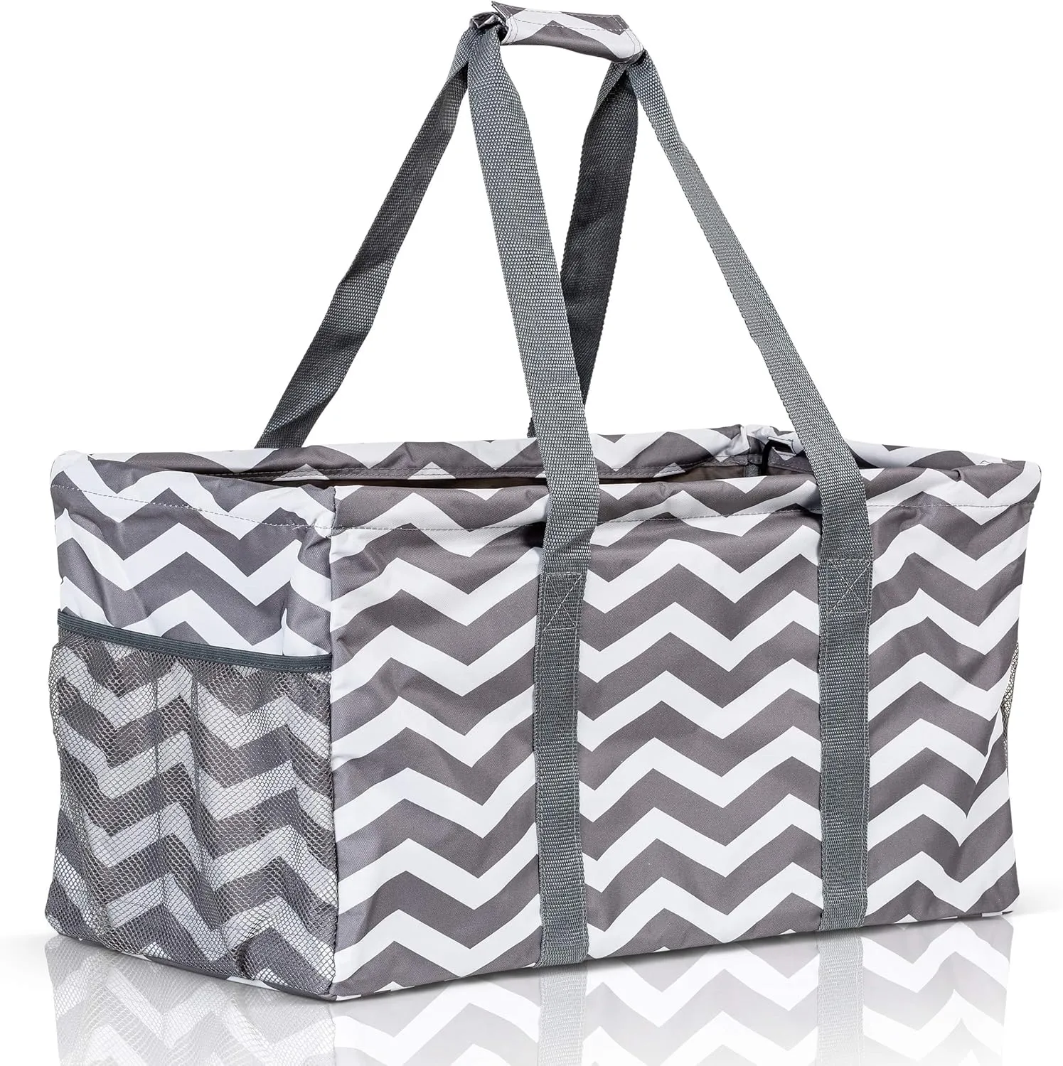 Extra Large Utility Tote Bag - Oversized Collapsible Reusable Wire Frame Rectangular Canvas Basket With Two Exterior Pockets For Beach, Pool, Laundry, Car Trunk, Storage - Chevron Gray