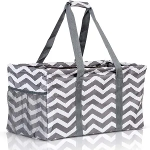 Extra Large Utility Tote Bag - Oversized Collapsible Reusable Wire Frame Rectangular Canvas Basket With Two Exterior Pockets For Beach, Pool, Laundry, Car Trunk, Storage - Chevron Gray