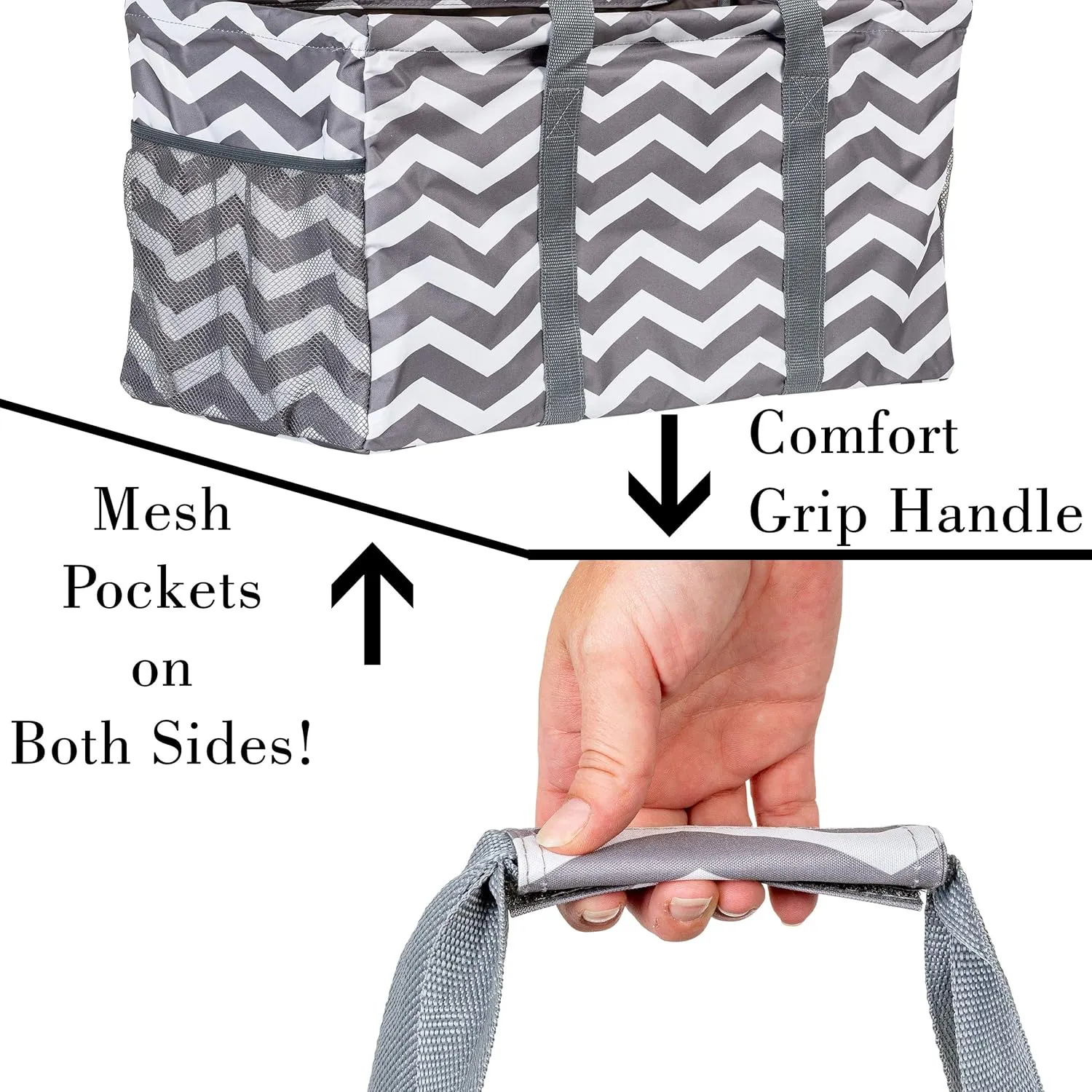 Extra Large Utility Tote Bag - Oversized Collapsible Reusable Wire Frame Rectangular Canvas Basket With Two Exterior Pockets For Beach, Pool, Laundry, Car Trunk, Storage - Chevron Gray