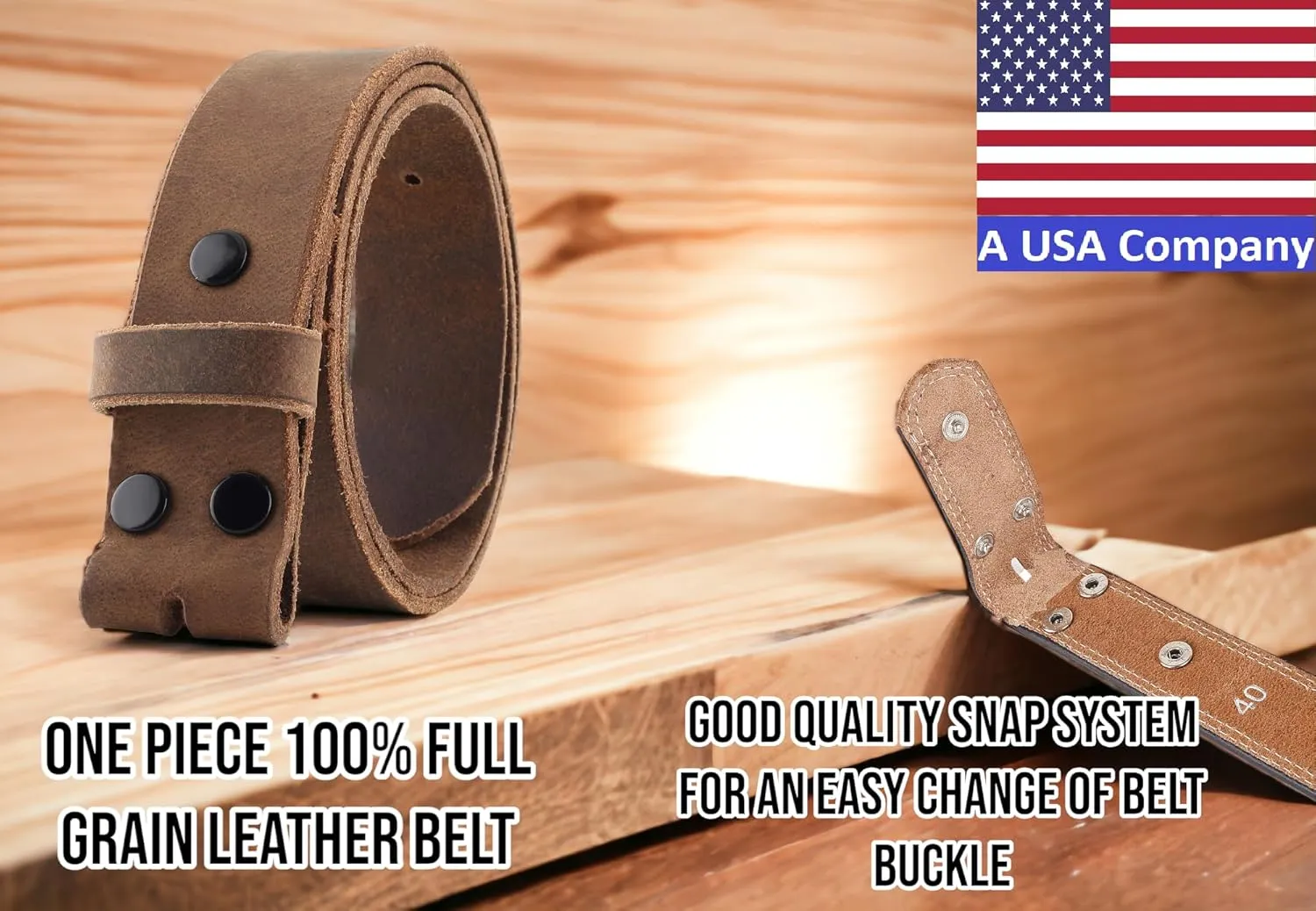 F&L CLASSIC Belt for buckle men Snap on Strap Full Grain One Piece Leather no buckle,1 1/2" Wide, Made in USA
