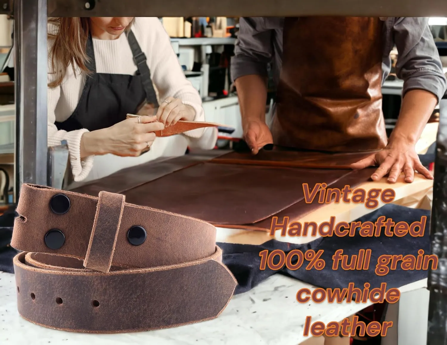 F&L CLASSIC Belt for buckle men Snap on Strap Full Grain One Piece Leather no buckle,1 1/2" Wide, Made in USA