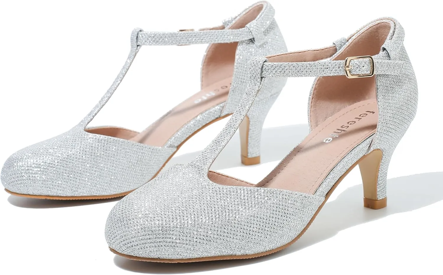 fereshte Women's T Strap Pumps Kitten Heels Retro Ankle Strap Buckle Dress Mary Jane Shoes