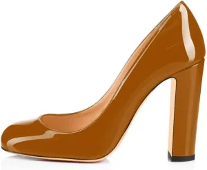 Fericzot Pumps Women Sexy Patent Leather Round Toe Block Heels Pumps Gorgeous Evening Party Wedding Shoes Plus Size