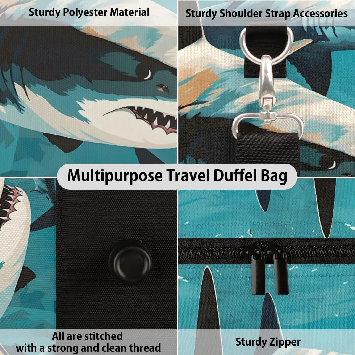 Fiercely Shark Foldable Lightweight Duffle Bag for Travel - Waterproof Carry On Bags for Airplanes, Travel Duffel Bags for Gym, Weekend