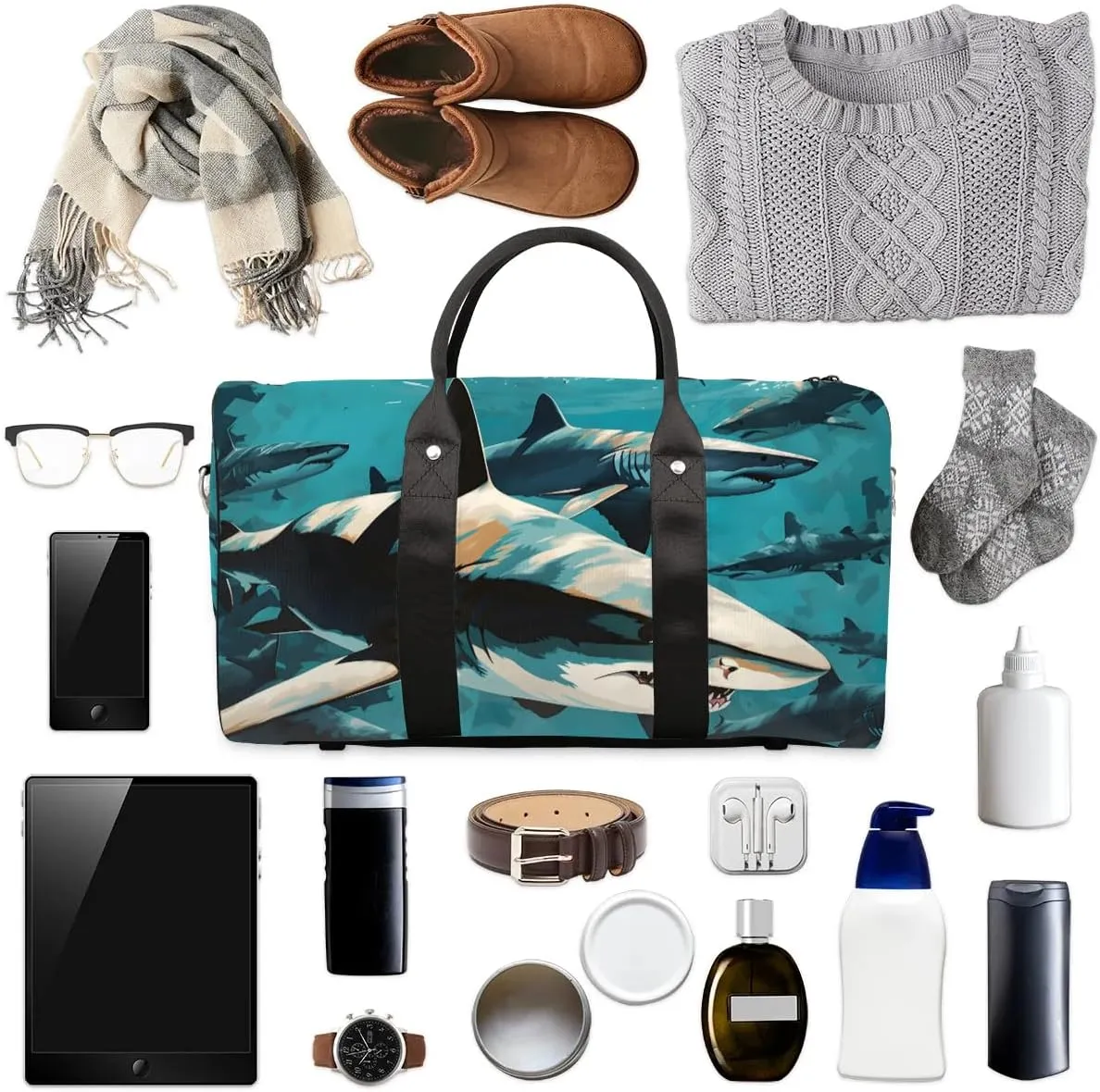 Fiercely Shark Foldable Lightweight Duffle Bag for Travel - Waterproof Carry On Bags for Airplanes, Travel Duffel Bags for Gym, Weekend
