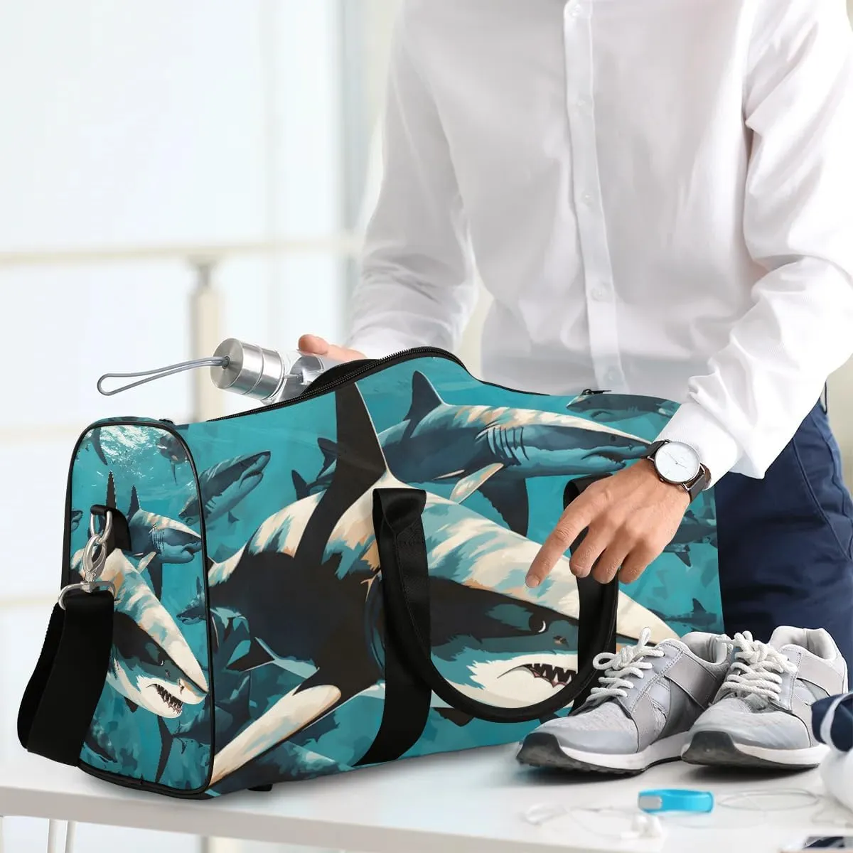 Fiercely Shark Foldable Lightweight Duffle Bag for Travel - Waterproof Carry On Bags for Airplanes, Travel Duffel Bags for Gym, Weekend
