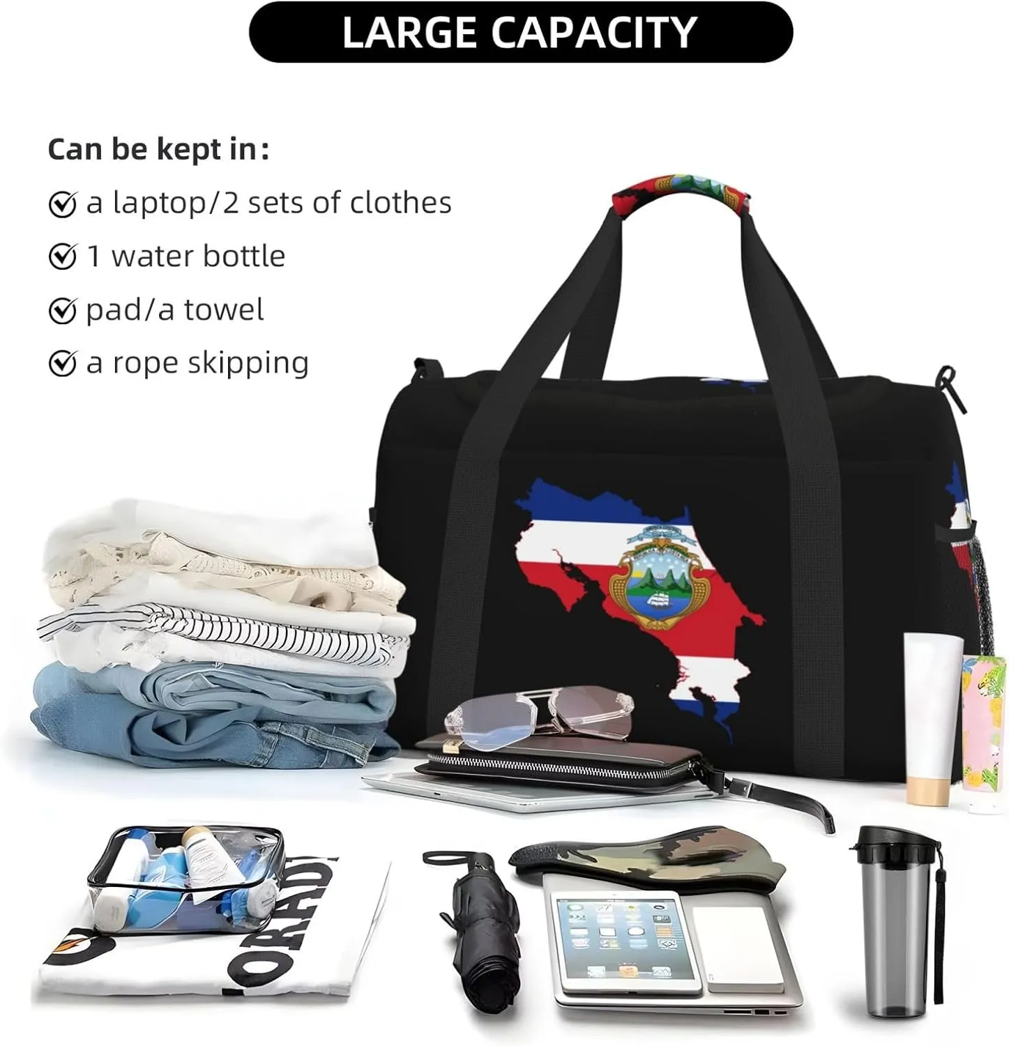 Flag Map Of Costa Rica Travel Duffel Bag Large Foldable Waterproof Overnight Bag For Beach Swim Bags Pool Sports Gym