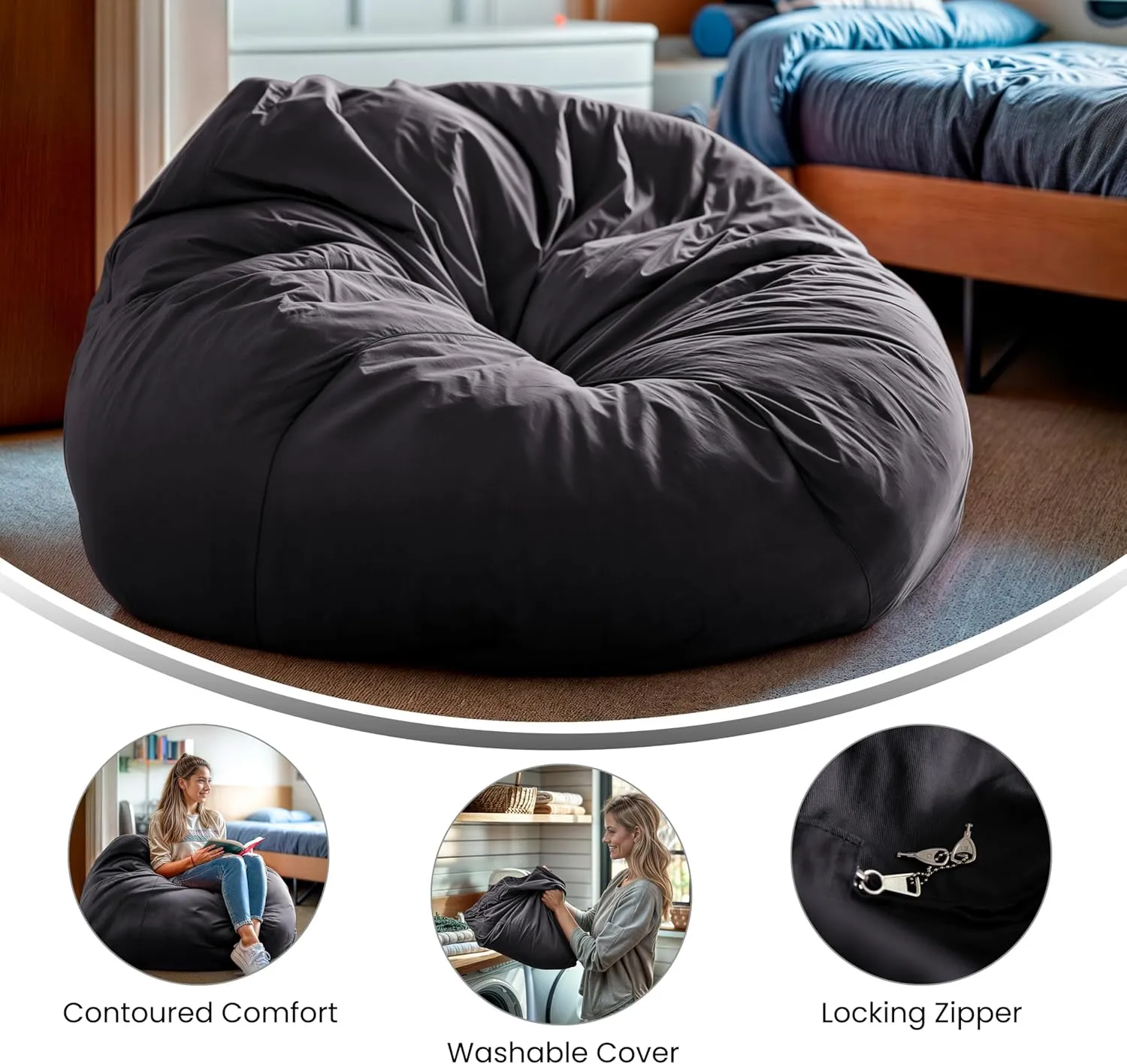 Flash Furniture Duncan Oversized Bean Bag Chair for Kids and Adults, Foam-Filled Beanbag Chair with Machine Washable Cover, Gray