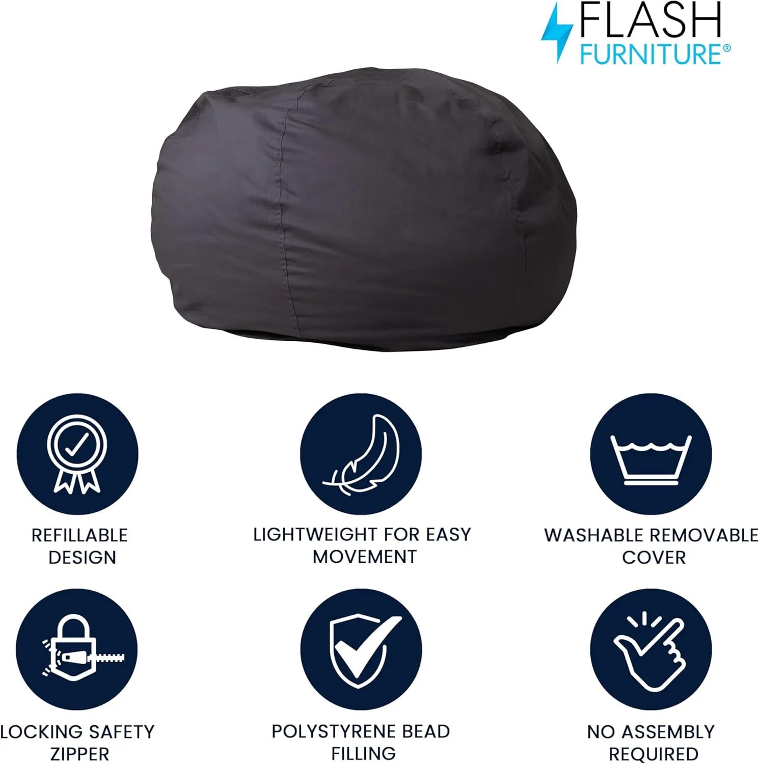 Flash Furniture Duncan Oversized Bean Bag Chair for Kids and Adults, Foam-Filled Beanbag Chair with Machine Washable Cover, Gray