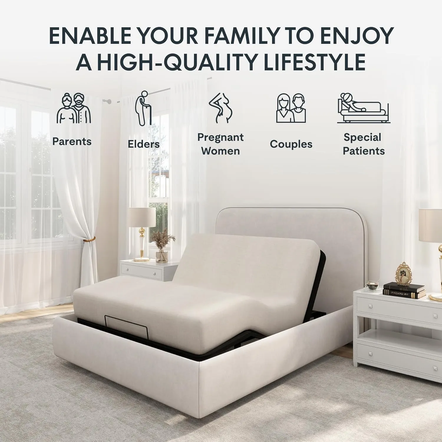 FLEXISPOT Queen Adjustable Bed Frame Base,Segmented Design,Easy Assemble,Oxford Fabric Bedspread,Wired Remote,Whisper Quiet Durable Motor,Mattress Holder, No Box Spring.