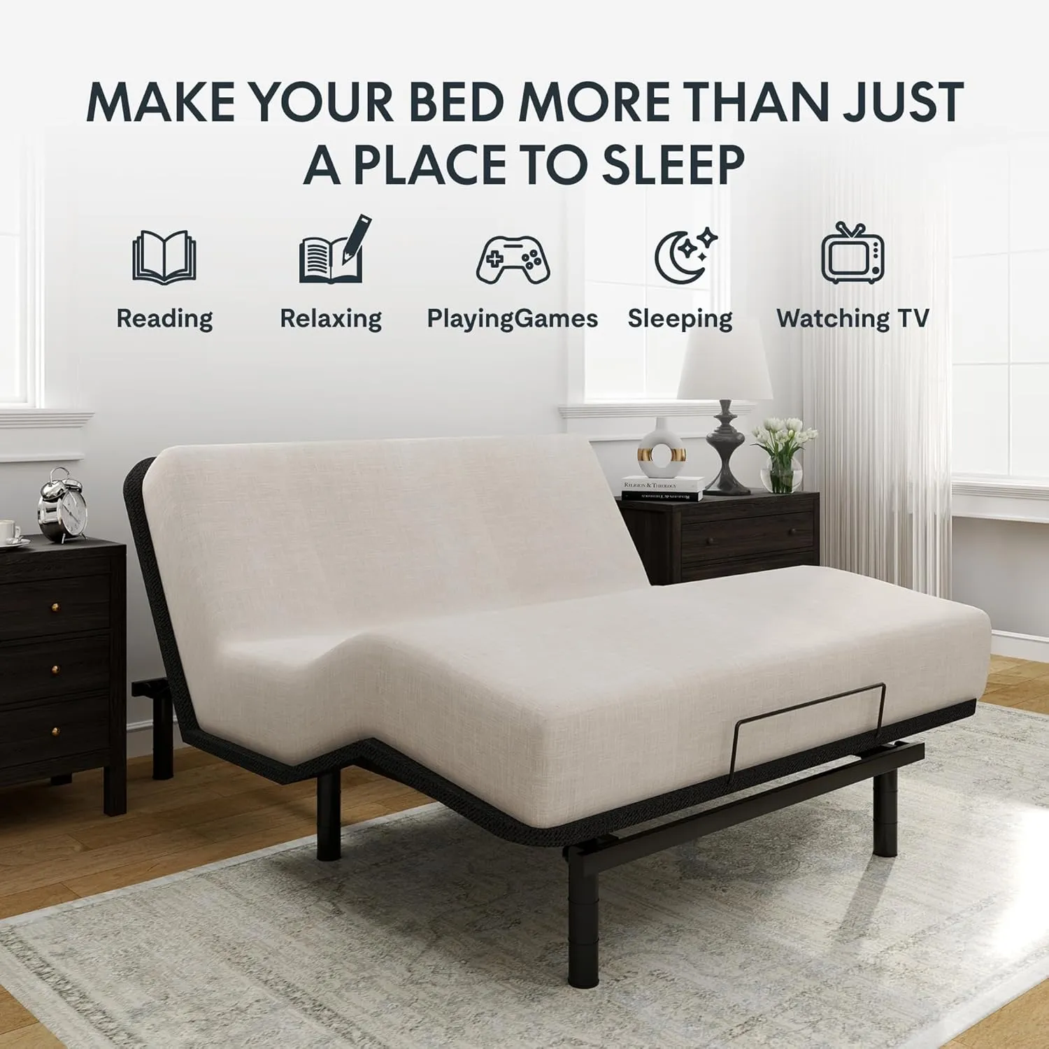 FLEXISPOT Queen Adjustable Bed Frame Base,Segmented Design,Easy Assemble,Oxford Fabric Bedspread,Wired Remote,Whisper Quiet Durable Motor,Mattress Holder, No Box Spring.