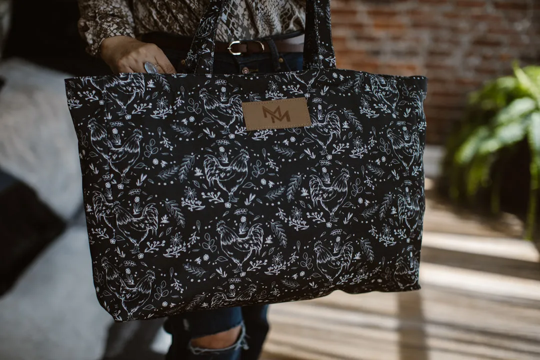 Floral Chicken Print Oversized Tote Bag