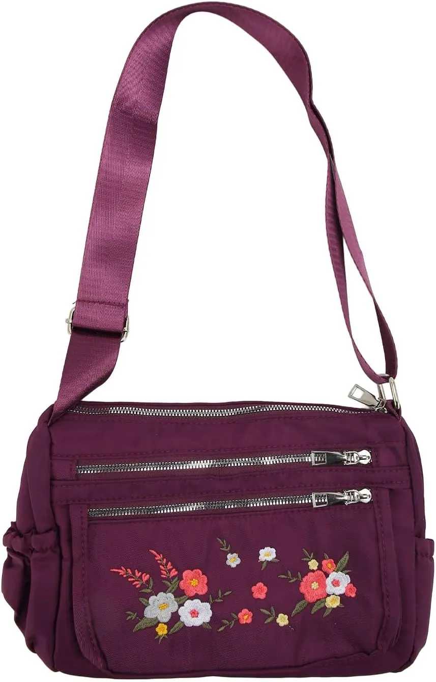 Floral Embroidered Messenger Bag Water Prevent Nylon Large Capacity Adjustable Shoulder Bag for Women