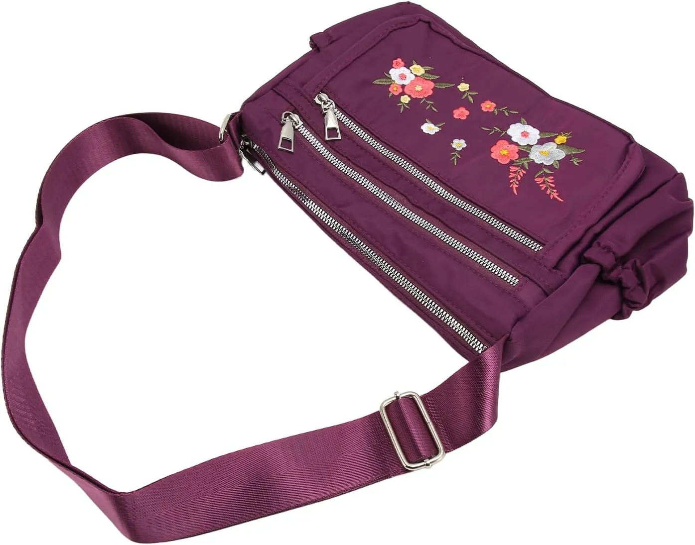 Floral Embroidered Messenger Bag Water Prevent Nylon Large Capacity Adjustable Shoulder Bag for Women