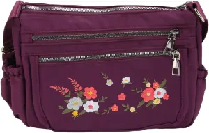 Floral Embroidered Messenger Bag Water Prevent Nylon Large Capacity Adjustable Shoulder Bag for Women