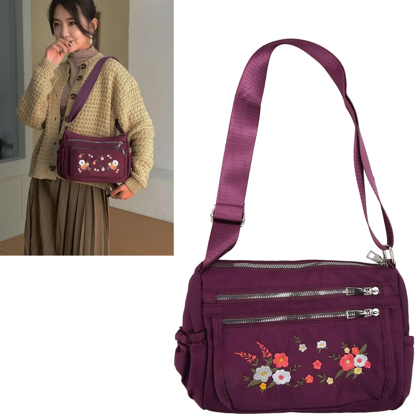 Floral Embroidered Messenger Bag Water Prevent Nylon Large Capacity Adjustable Shoulder Bag for Women