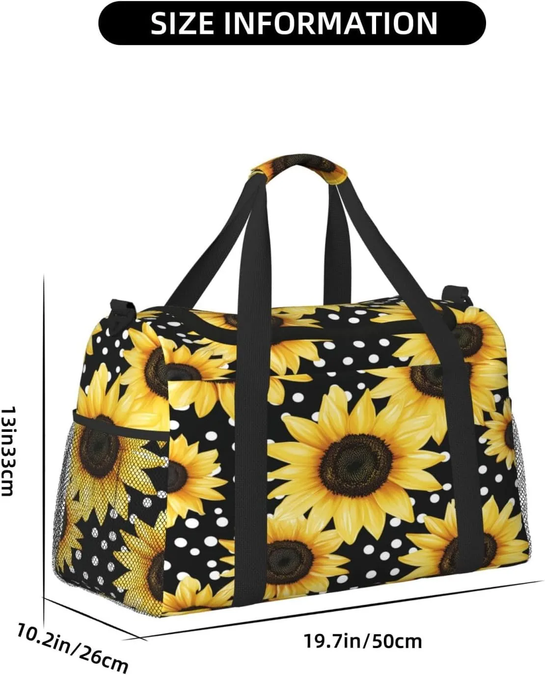 Floral Sunflower Polk Dot Travel Duffel Bag with Strap Multi Pockets Sports Bag Handbag Large Shoulder Bag for Gym Weekend Fitness Camping