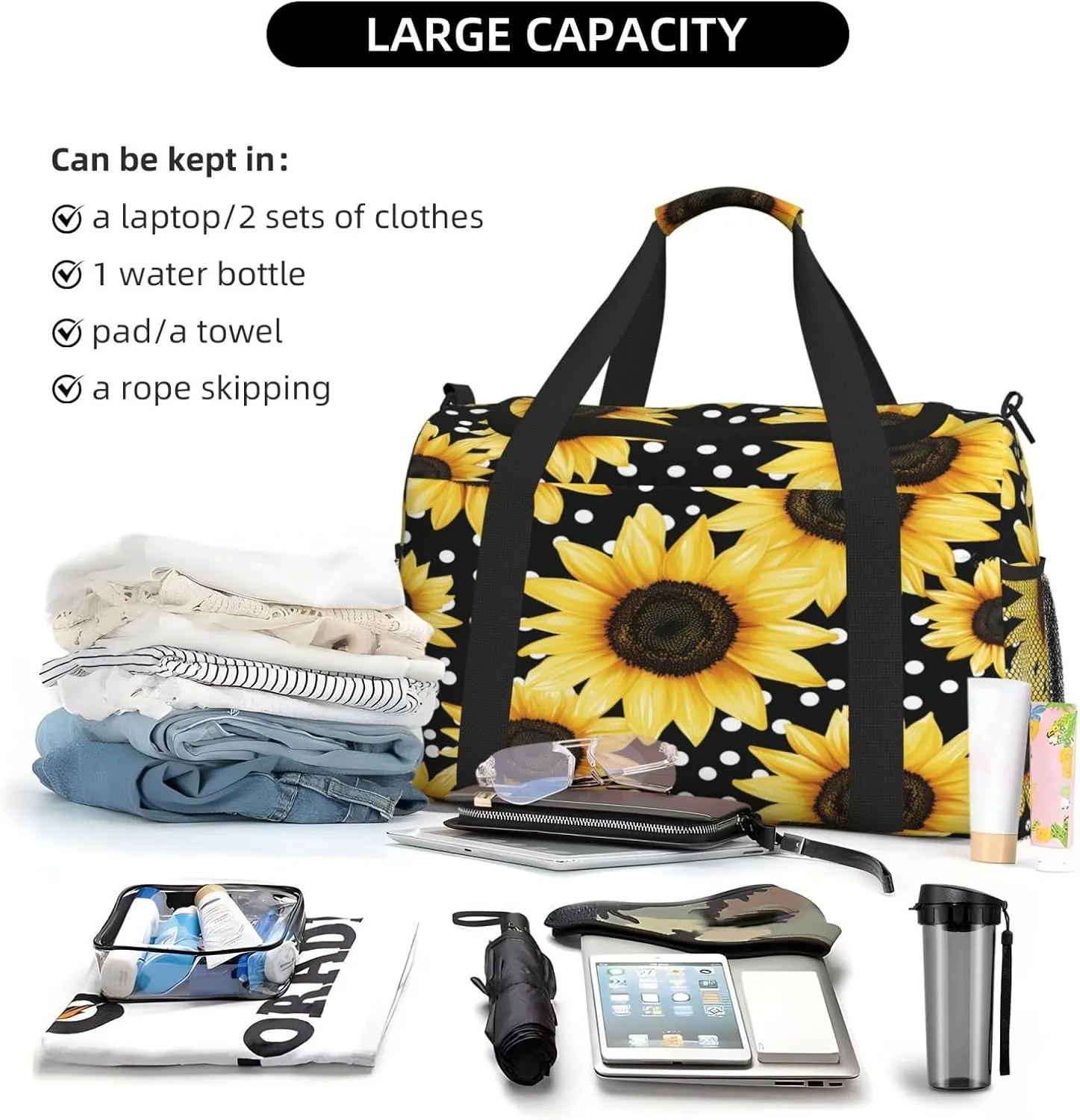Floral Sunflower Polk Dot Travel Duffel Bag with Strap Multi Pockets Sports Bag Handbag Large Shoulder Bag for Gym Weekend Fitness Camping