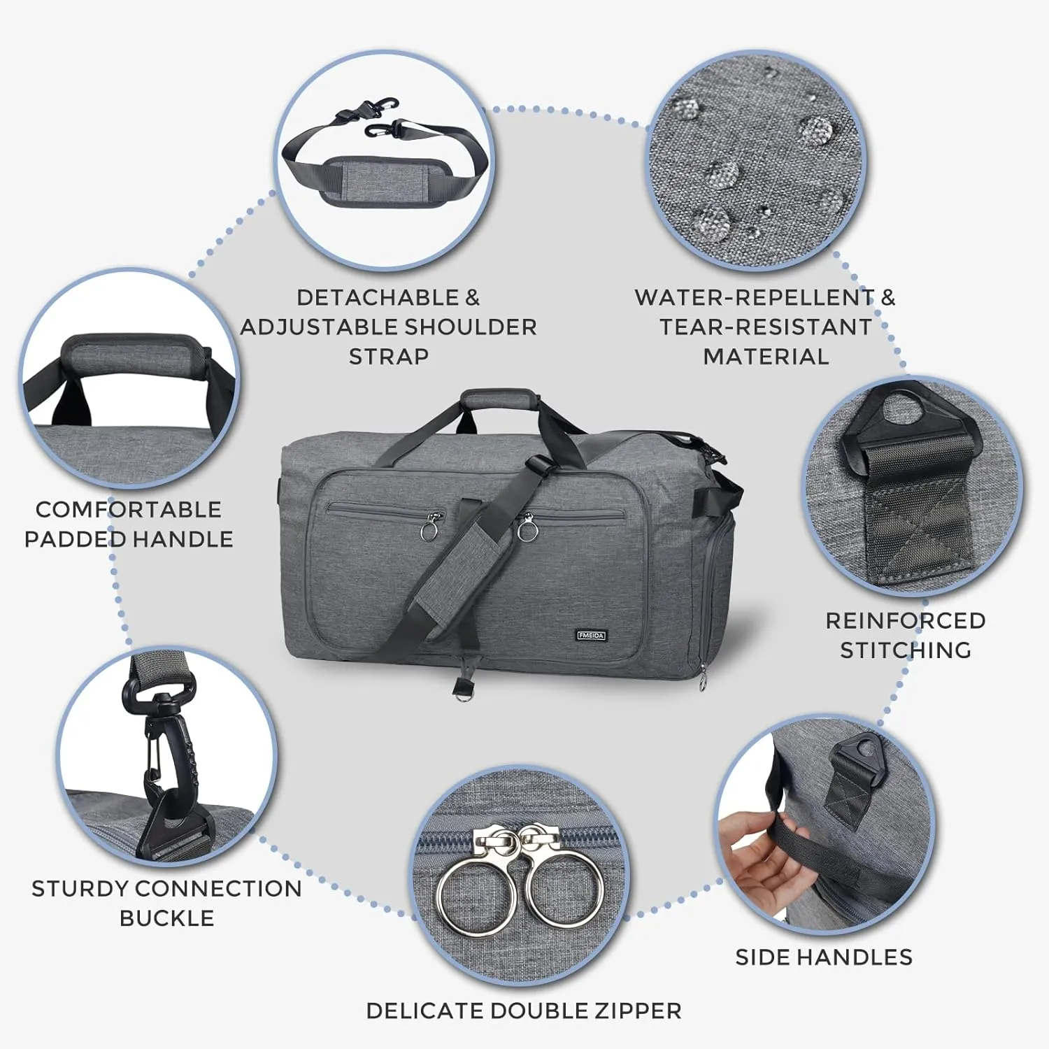 Fmeida 65L Duffle Bag with Shoes Compartment, Foldable Travel Duffel Bags for Men Women, Large Packable Travel Bag Water Repellent & Tear Resistant (Gray)