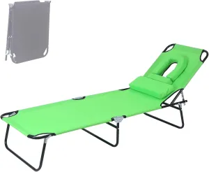 Foldable Tanning Lounge Chair with Face Hole, Adjustable Reclining Outdoor Sun Lounger with Pillow, Oxford Fabric Beach Layout Chairs for Camping(Green)