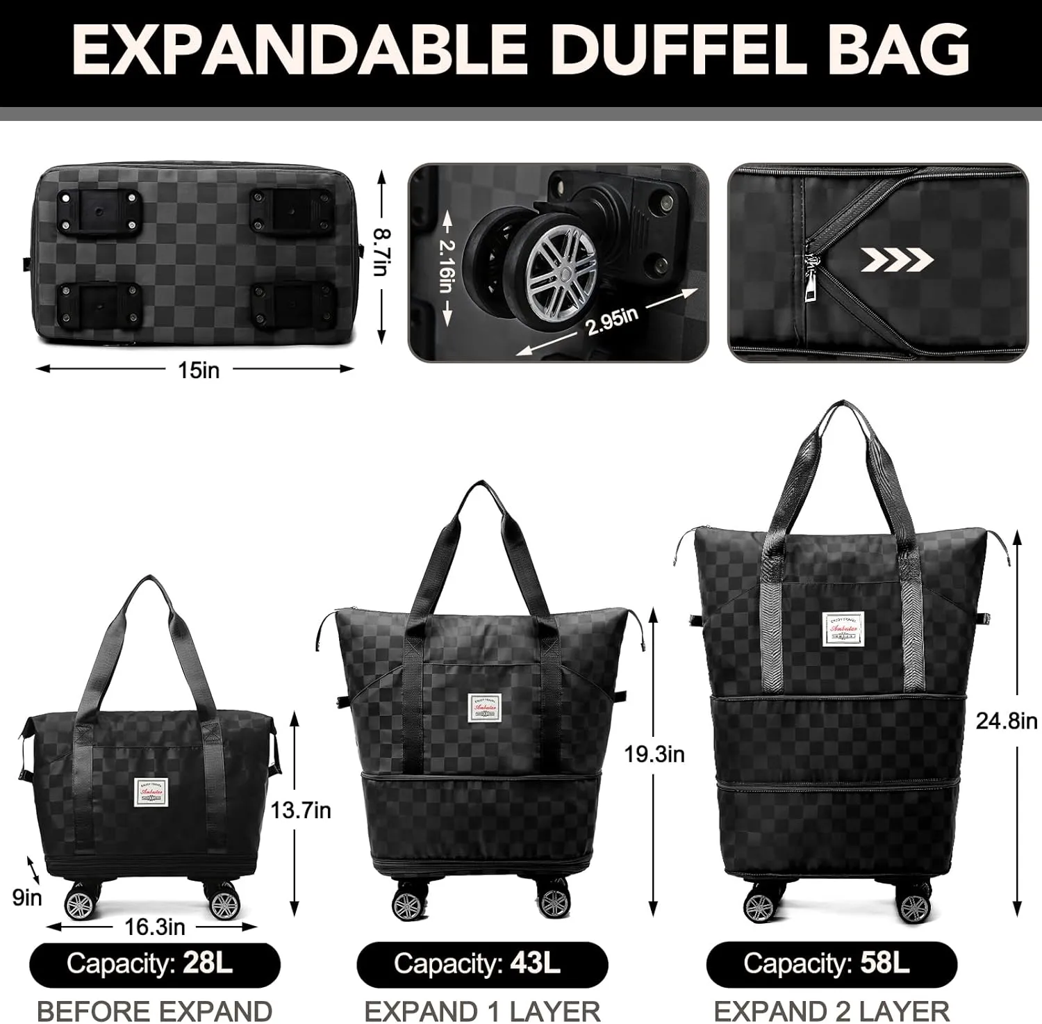 Foldable Travel Duffel Bag, Expandable Duffle Bag with Wheels, Lightweight Luggage Bags for Travel Carry on, Women Large Expandable Foldable Travel Bags Organizer for Luggage