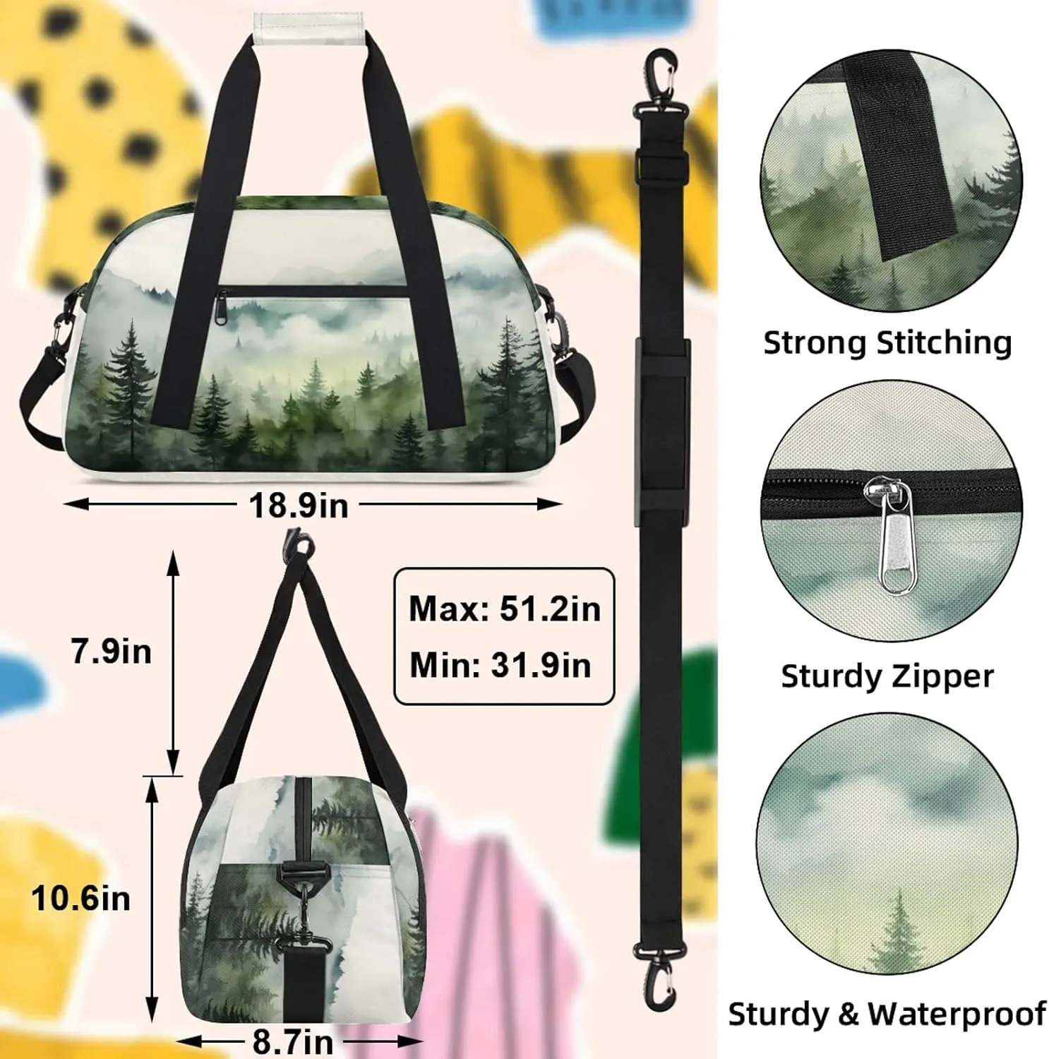 Forest Tree Small Gym Bag 18 inch Carry On Duffel Bag for Weekender Travel Sports Workout Yoga Gymnastics Dance Ballet