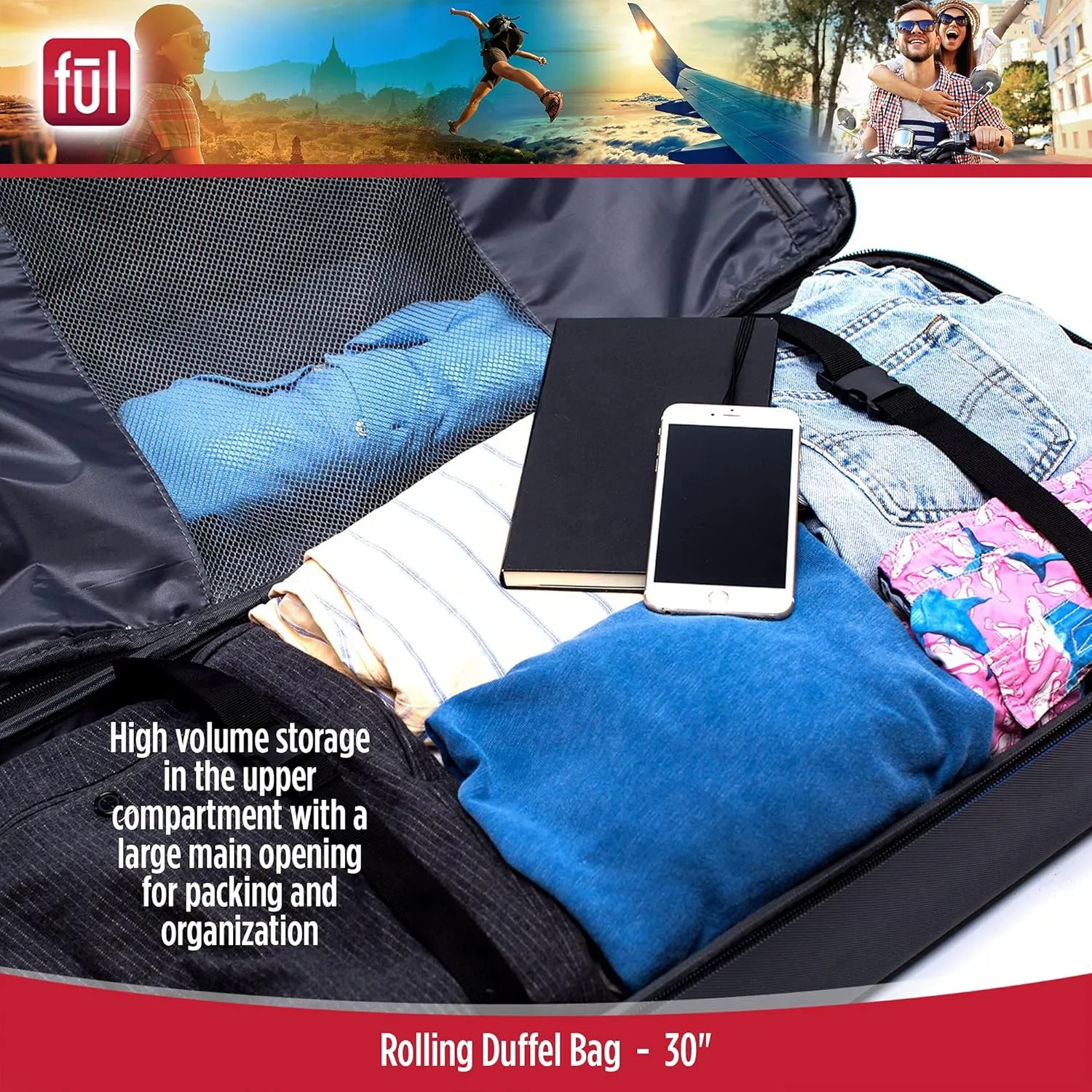 FUL Unisex-Adult (Luggage only) Workhorse 30 Inch Rolling Duffel Bag, Travel Wheels