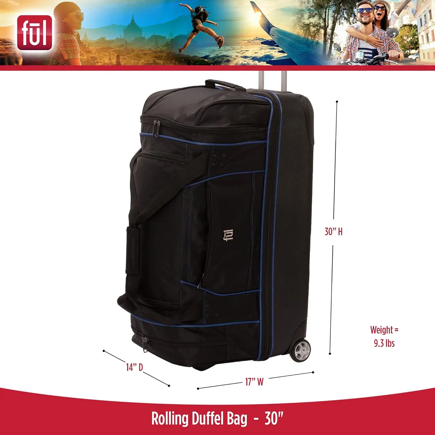 FUL Unisex-Adult (Luggage only) Workhorse 30 Inch Rolling Duffel Bag, Travel Wheels